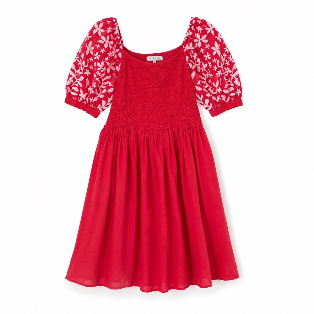 Voyageur by Mersea Linen Dress Red White Smocked Floral Embroidery Puff Sleeve S